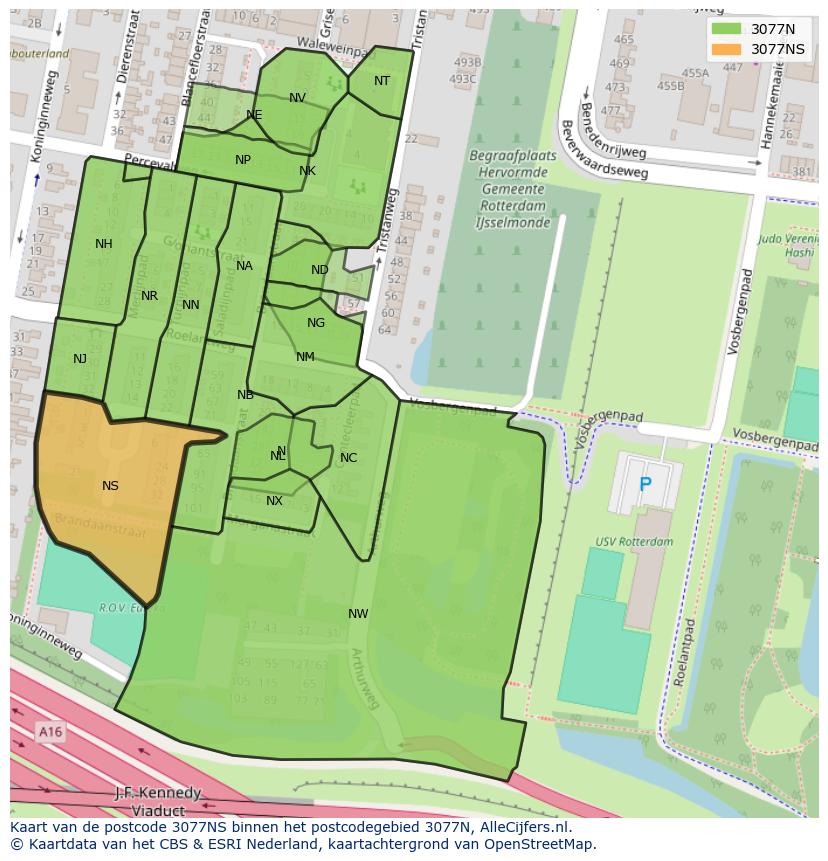 Afbeelding van het postcodegebied 3077 NS op de kaart.