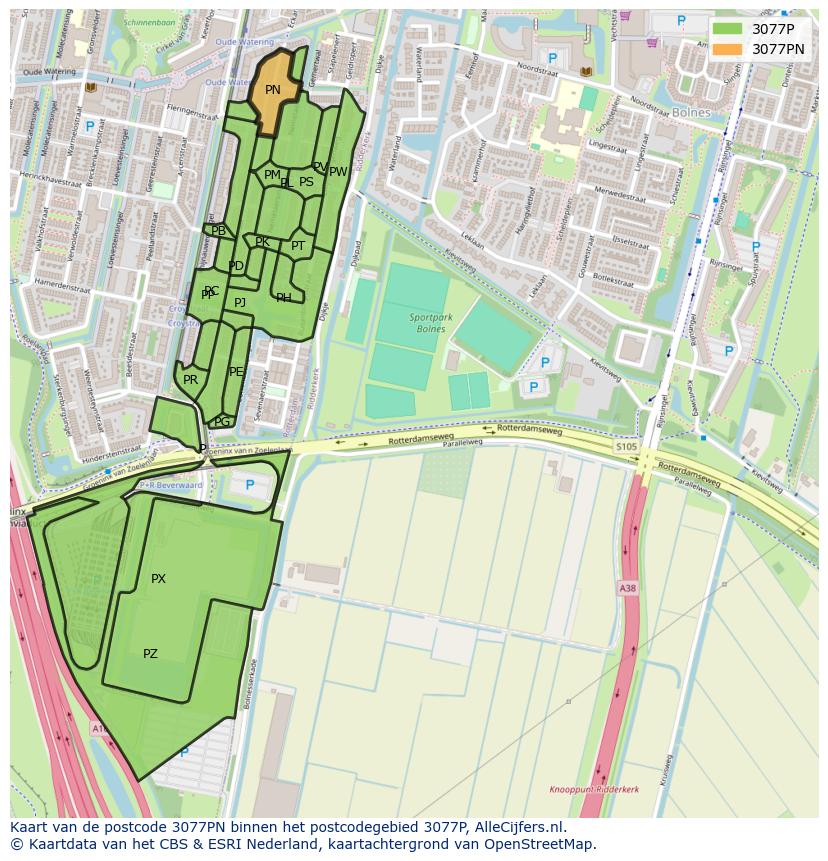 Afbeelding van het postcodegebied 3077 PN op de kaart.