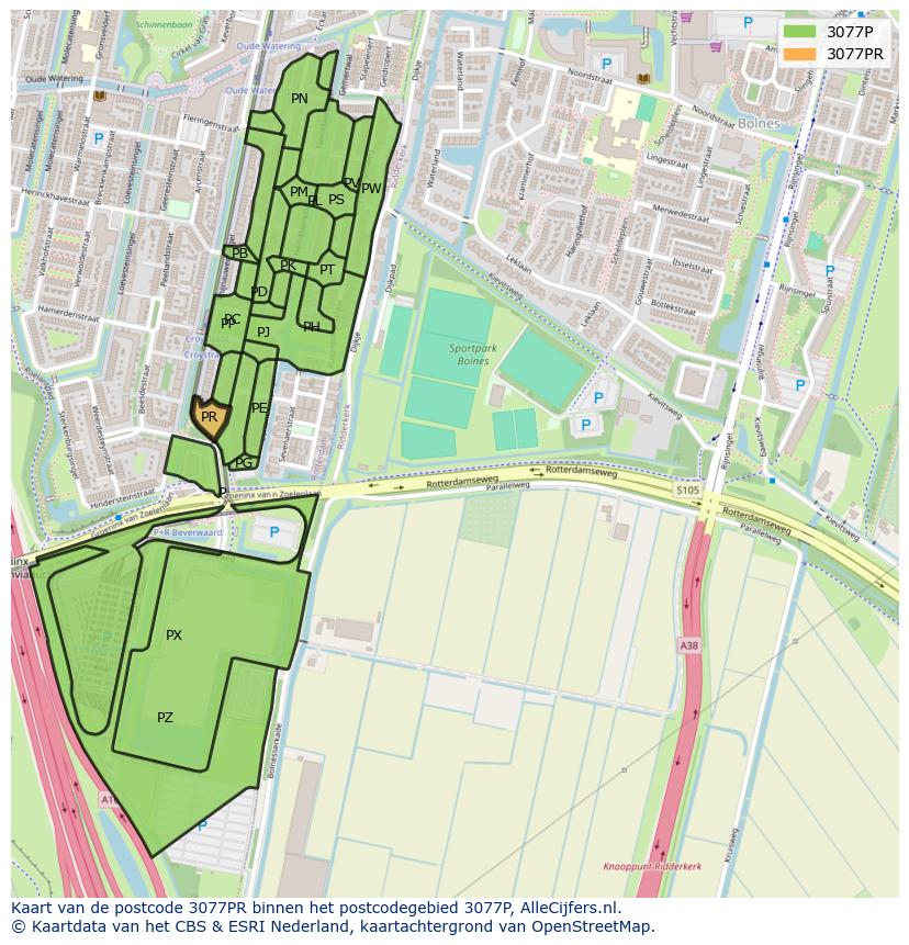 Afbeelding van het postcodegebied 3077 PR op de kaart.