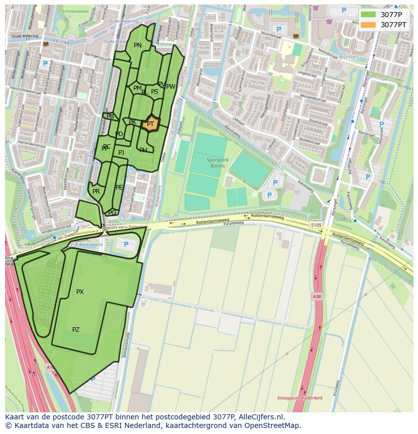Afbeelding van het postcodegebied 3077 PT op de kaart.