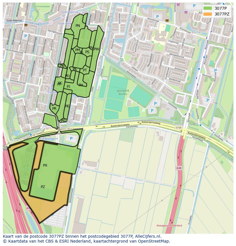 Afbeelding van het postcodegebied 3077 PZ op de kaart.