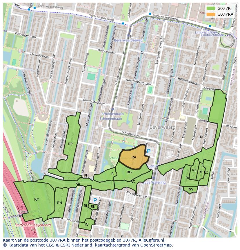 Afbeelding van het postcodegebied 3077 RA op de kaart.