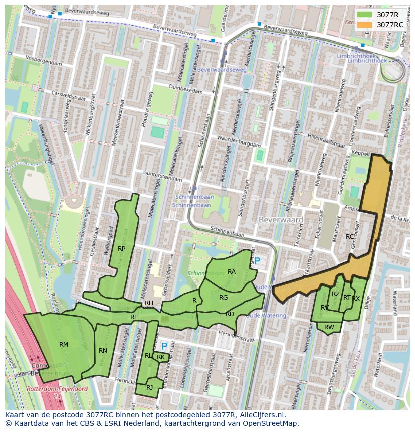 Afbeelding van het postcodegebied 3077 RC op de kaart.