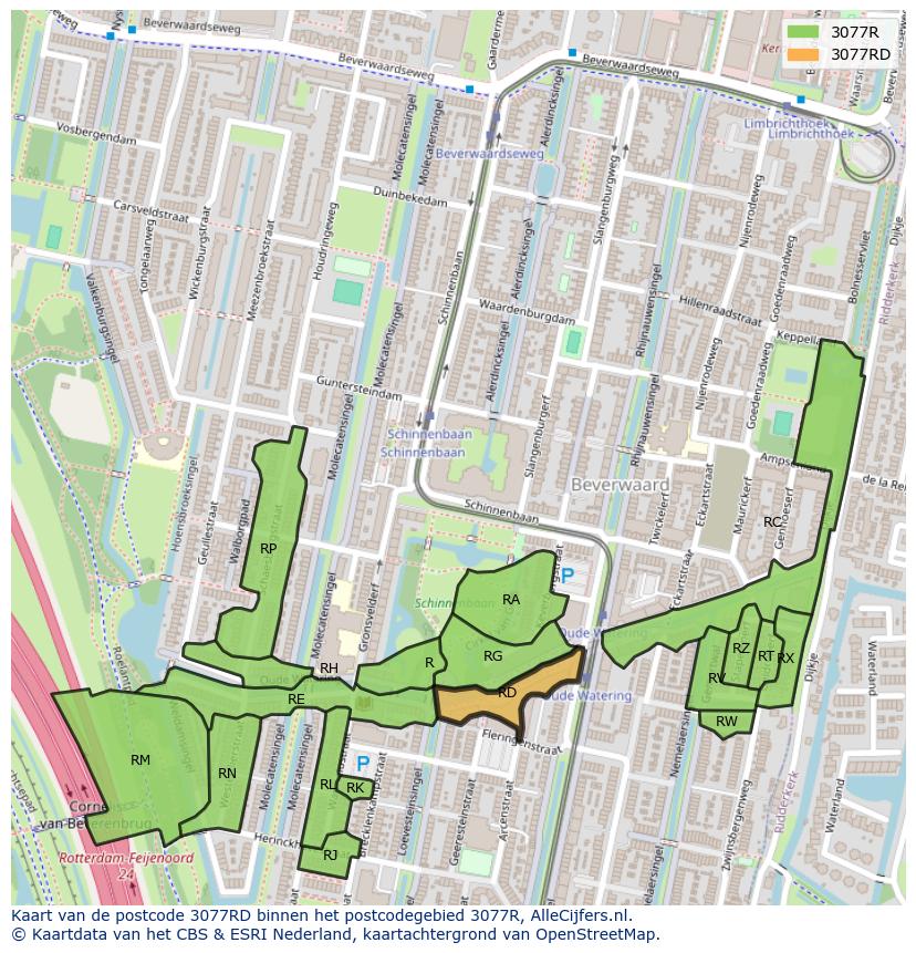 Afbeelding van het postcodegebied 3077 RD op de kaart.