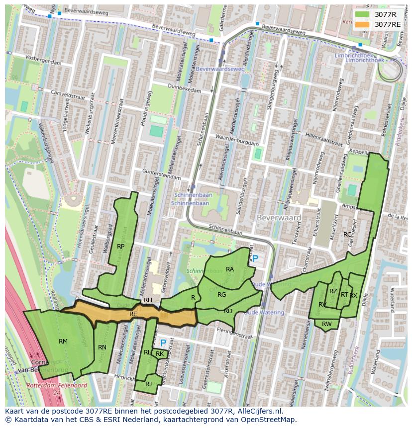 Afbeelding van het postcodegebied 3077 RE op de kaart.