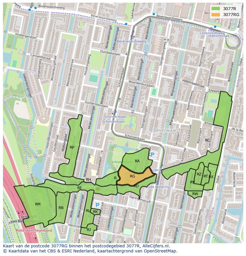 Afbeelding van het postcodegebied 3077 RG op de kaart.