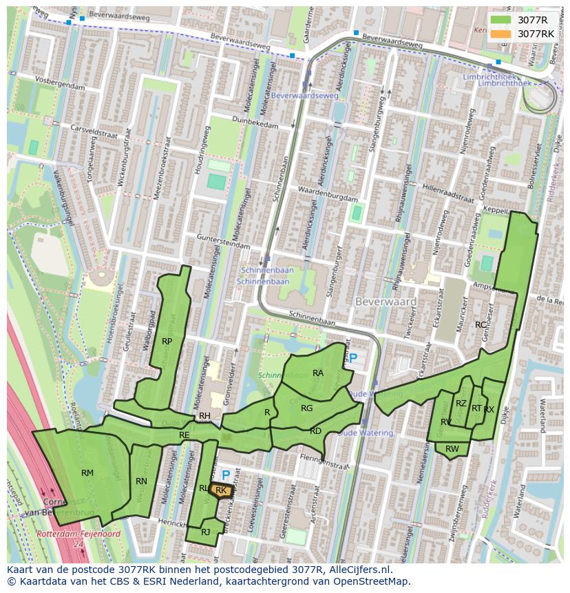 Afbeelding van het postcodegebied 3077 RK op de kaart.