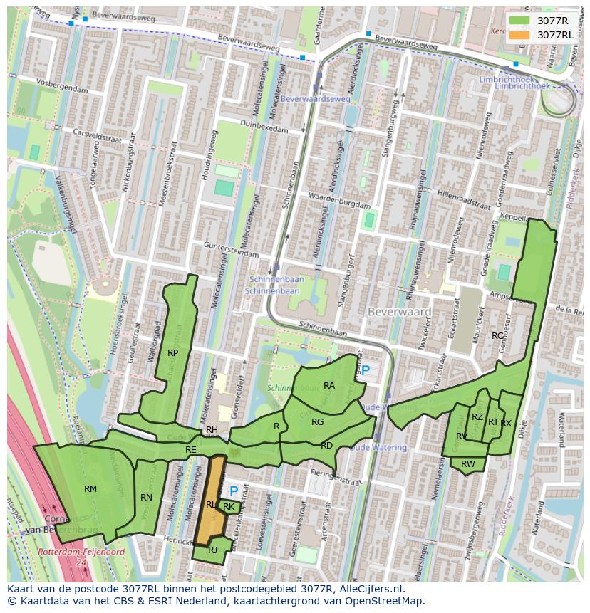 Afbeelding van het postcodegebied 3077 RL op de kaart.