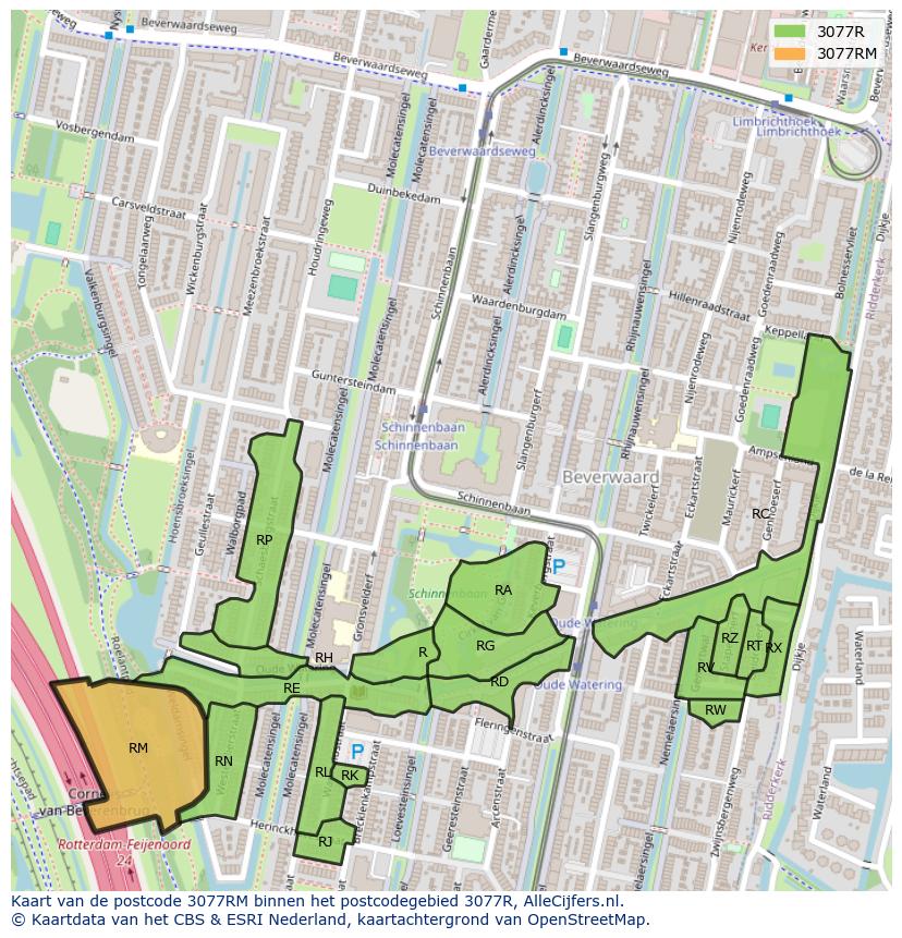 Afbeelding van het postcodegebied 3077 RM op de kaart.
