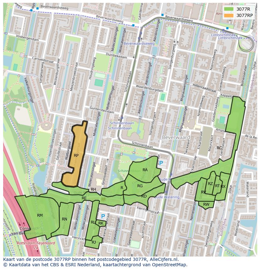 Afbeelding van het postcodegebied 3077 RP op de kaart.