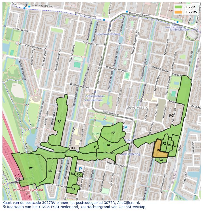 Afbeelding van het postcodegebied 3077 RV op de kaart.