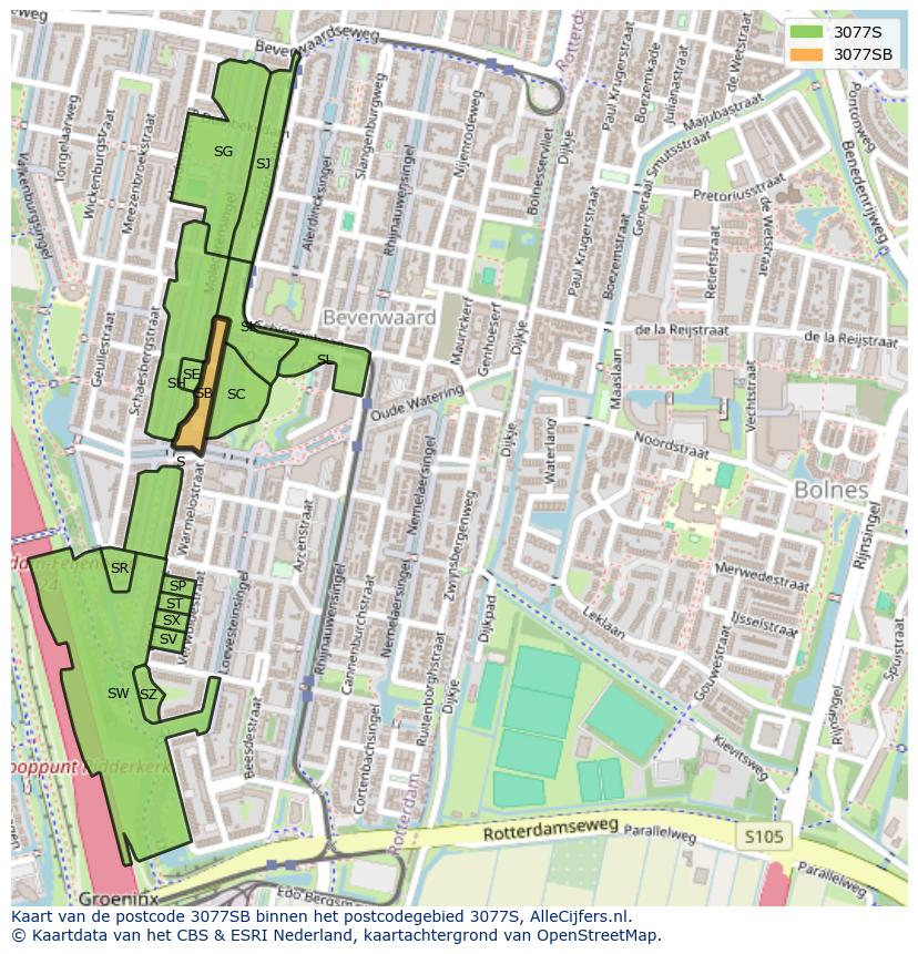 Afbeelding van het postcodegebied 3077 SB op de kaart.