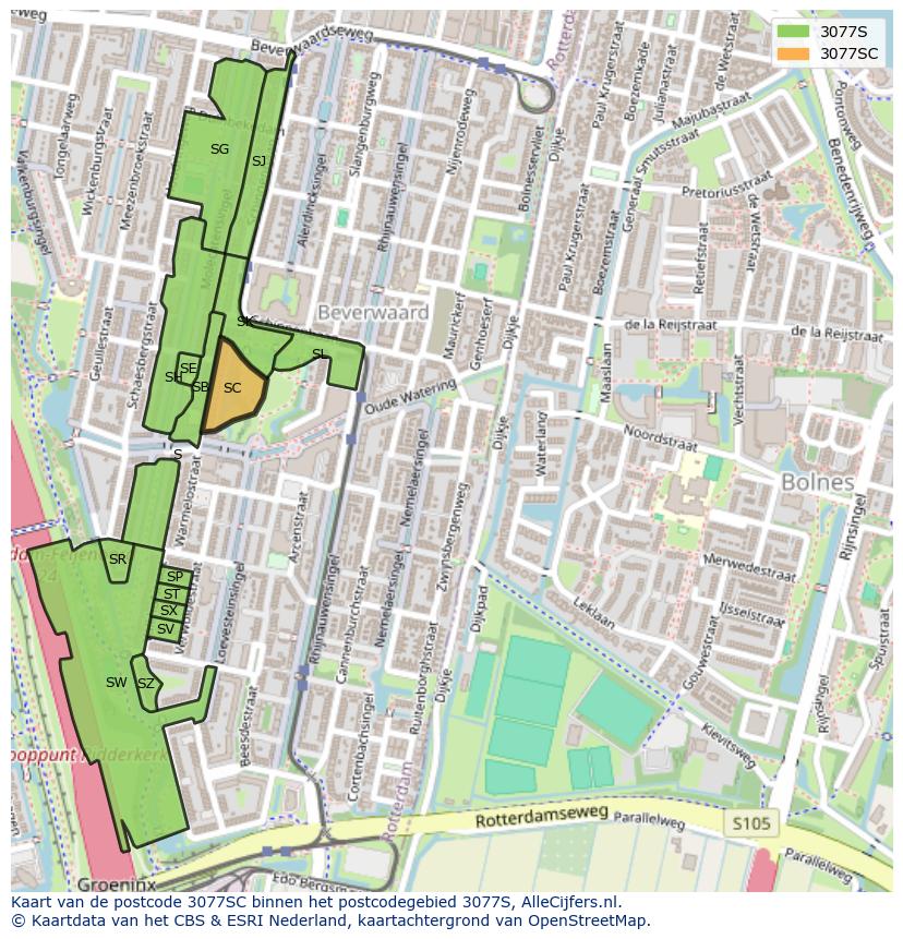 Afbeelding van het postcodegebied 3077 SC op de kaart.