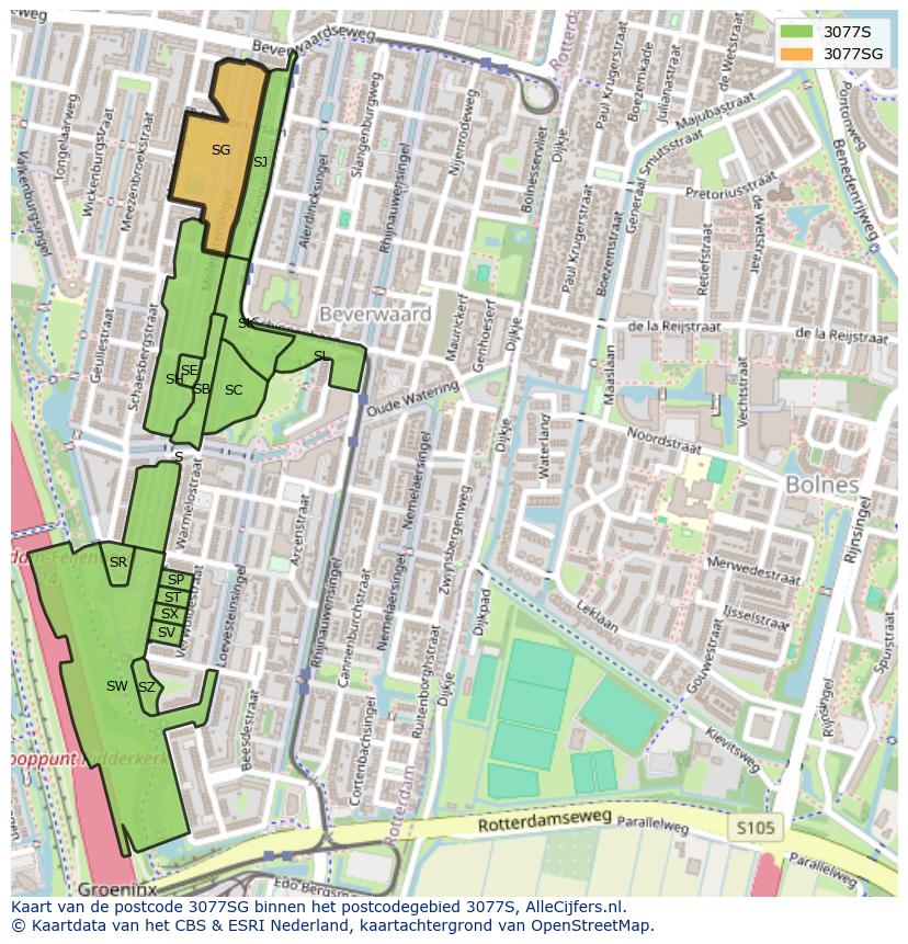 Afbeelding van het postcodegebied 3077 SG op de kaart.