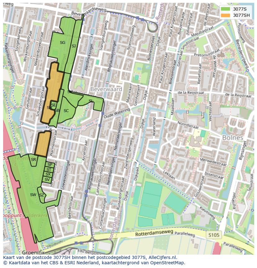Afbeelding van het postcodegebied 3077 SH op de kaart.