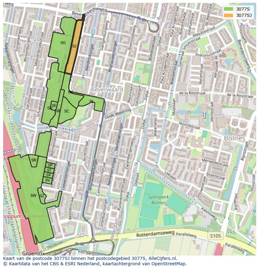 Afbeelding van het postcodegebied 3077 SJ op de kaart.