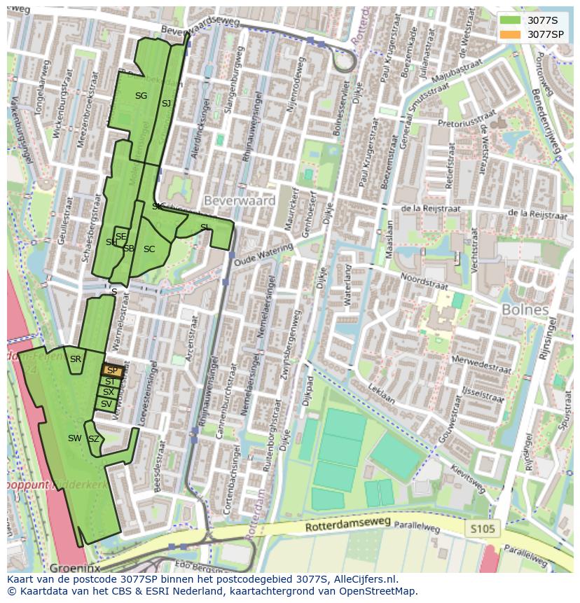 Afbeelding van het postcodegebied 3077 SP op de kaart.