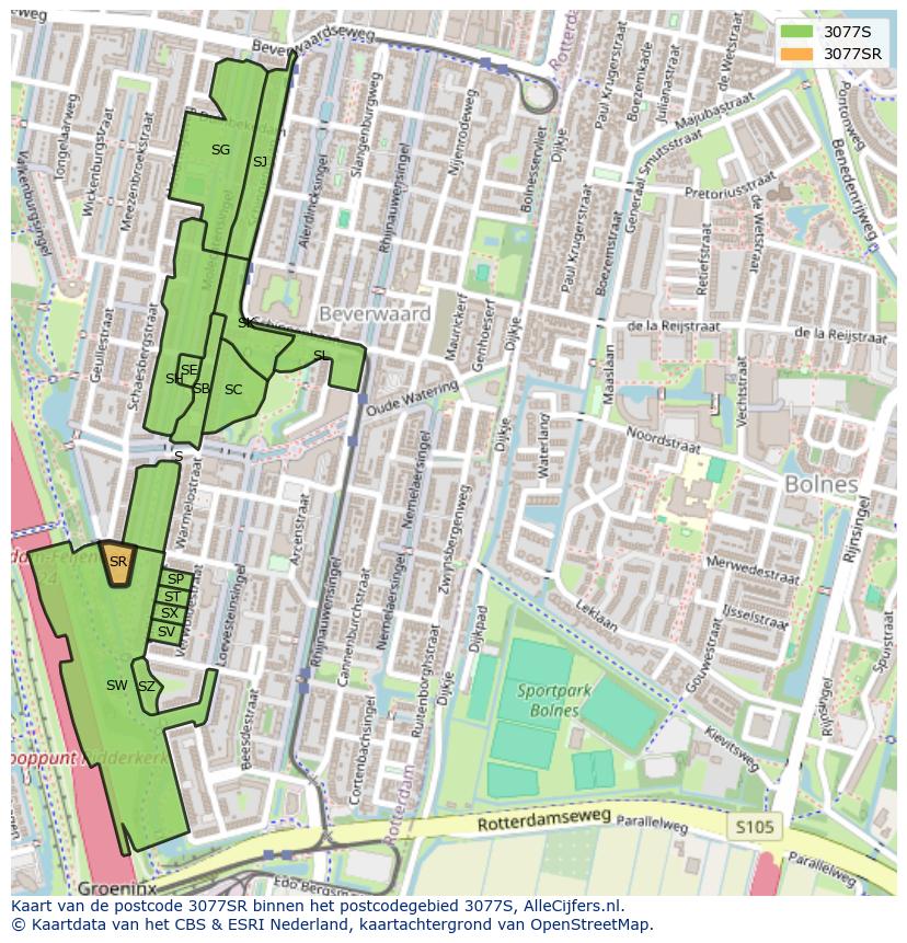 Afbeelding van het postcodegebied 3077 SR op de kaart.