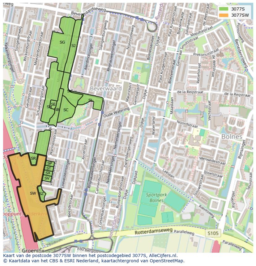 Afbeelding van het postcodegebied 3077 SW op de kaart.