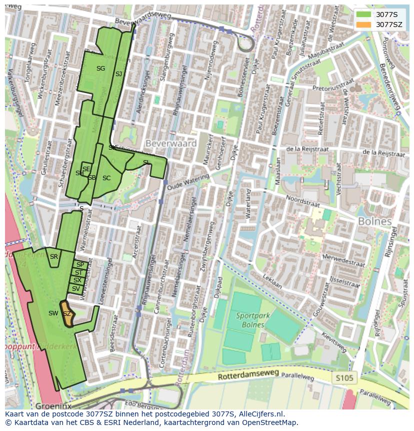 Afbeelding van het postcodegebied 3077 SZ op de kaart.