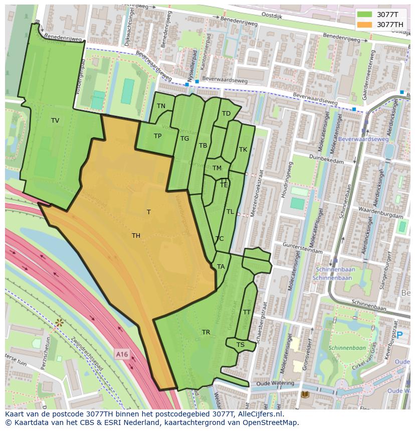 Afbeelding van het postcodegebied 3077 TH op de kaart.