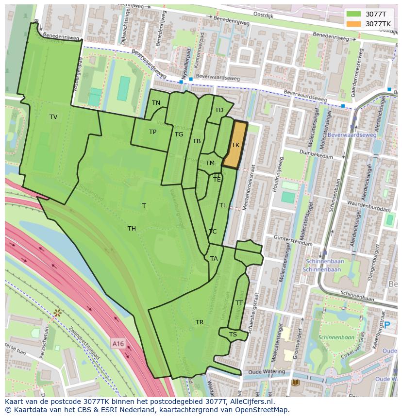 Afbeelding van het postcodegebied 3077 TK op de kaart.