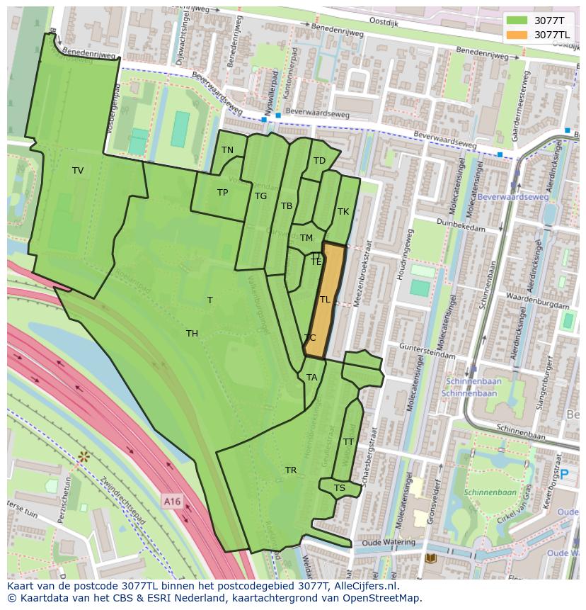 Afbeelding van het postcodegebied 3077 TL op de kaart.