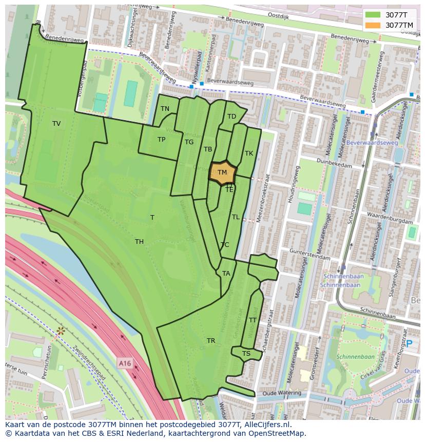 Afbeelding van het postcodegebied 3077 TM op de kaart.