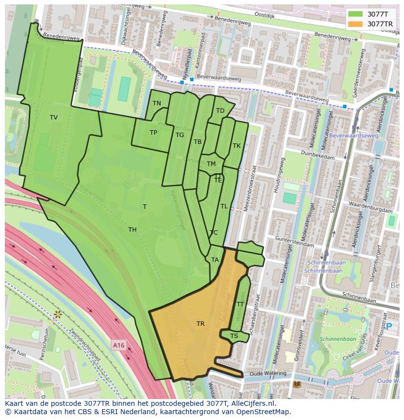 Afbeelding van het postcodegebied 3077 TR op de kaart.