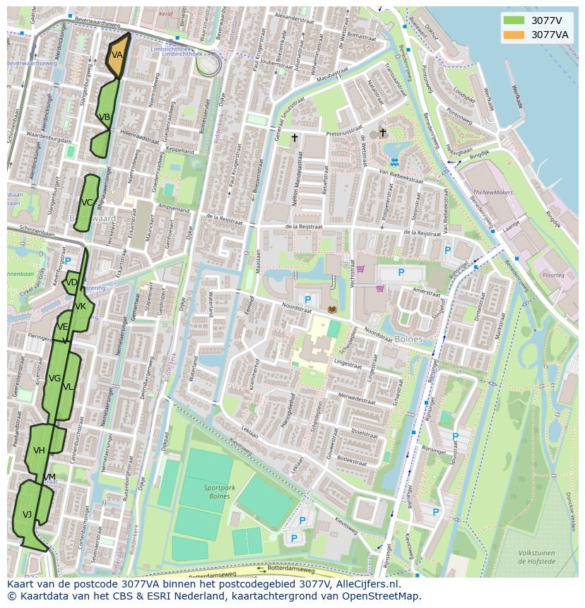 Afbeelding van het postcodegebied 3077 VA op de kaart.