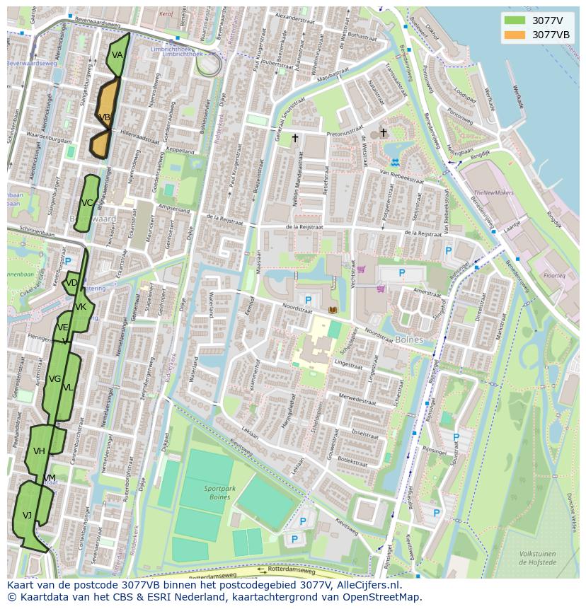 Afbeelding van het postcodegebied 3077 VB op de kaart.