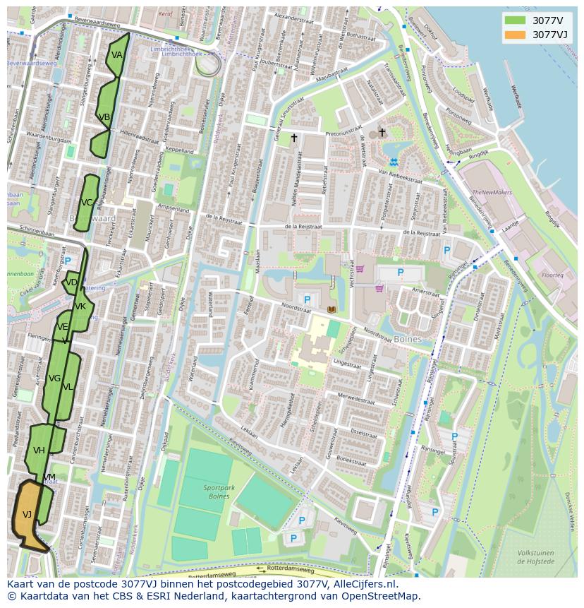 Afbeelding van het postcodegebied 3077 VJ op de kaart.
