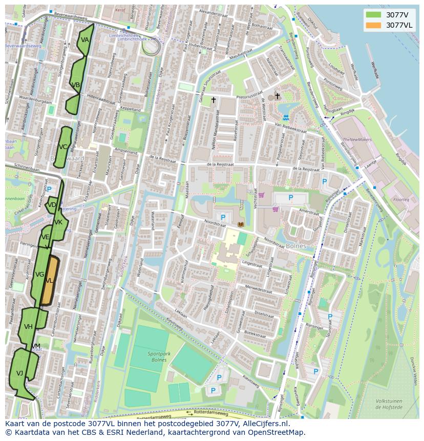 Afbeelding van het postcodegebied 3077 VL op de kaart.
