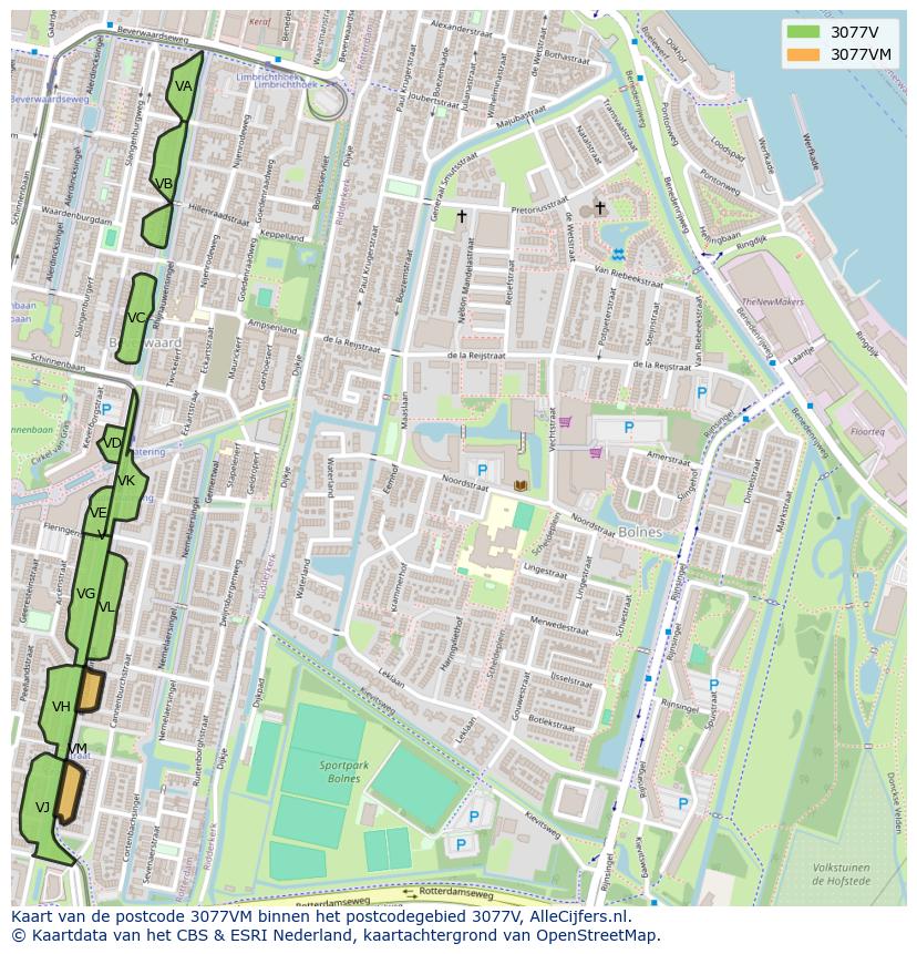 Afbeelding van het postcodegebied 3077 VM op de kaart.