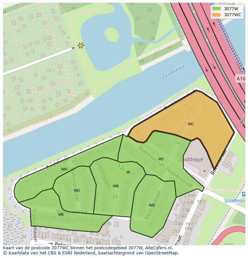 Afbeelding van het postcodegebied 3077 WC op de kaart.
