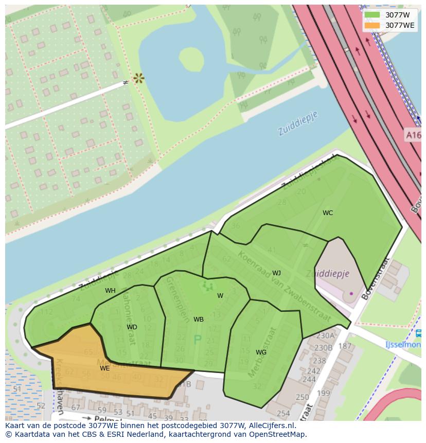 Afbeelding van het postcodegebied 3077 WE op de kaart.