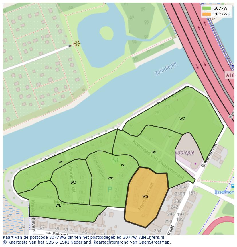 Afbeelding van het postcodegebied 3077 WG op de kaart.