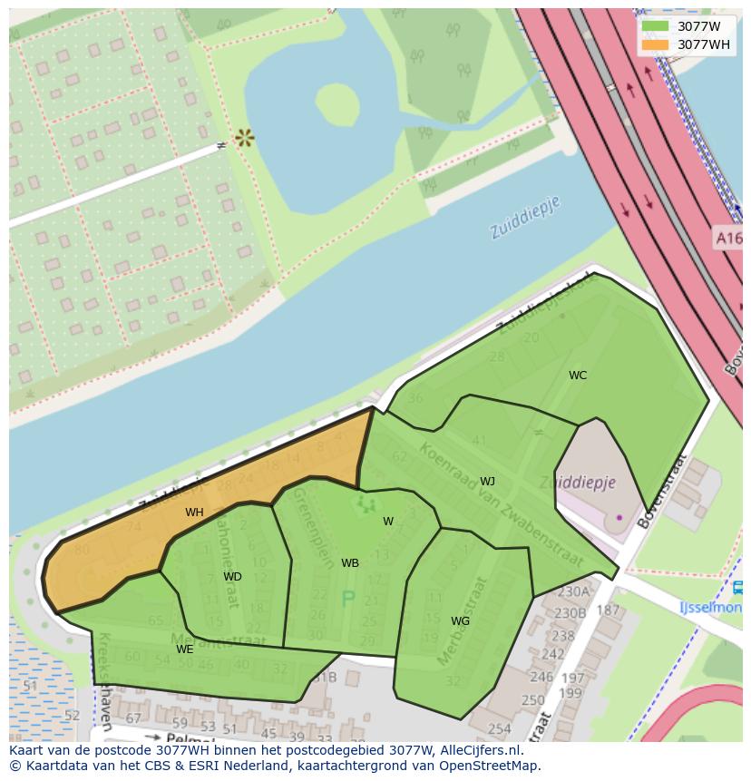 Afbeelding van het postcodegebied 3077 WH op de kaart.