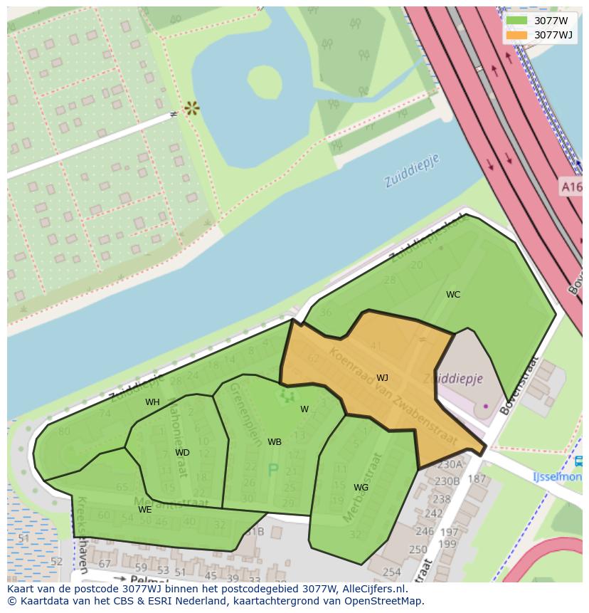 Afbeelding van het postcodegebied 3077 WJ op de kaart.