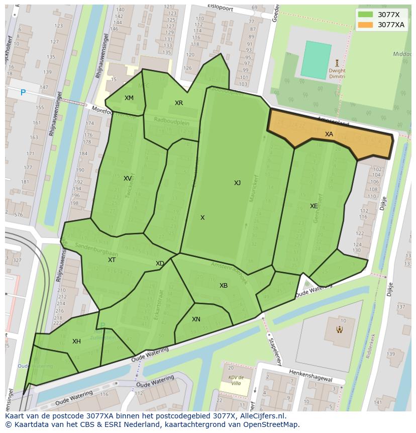 Afbeelding van het postcodegebied 3077 XA op de kaart.