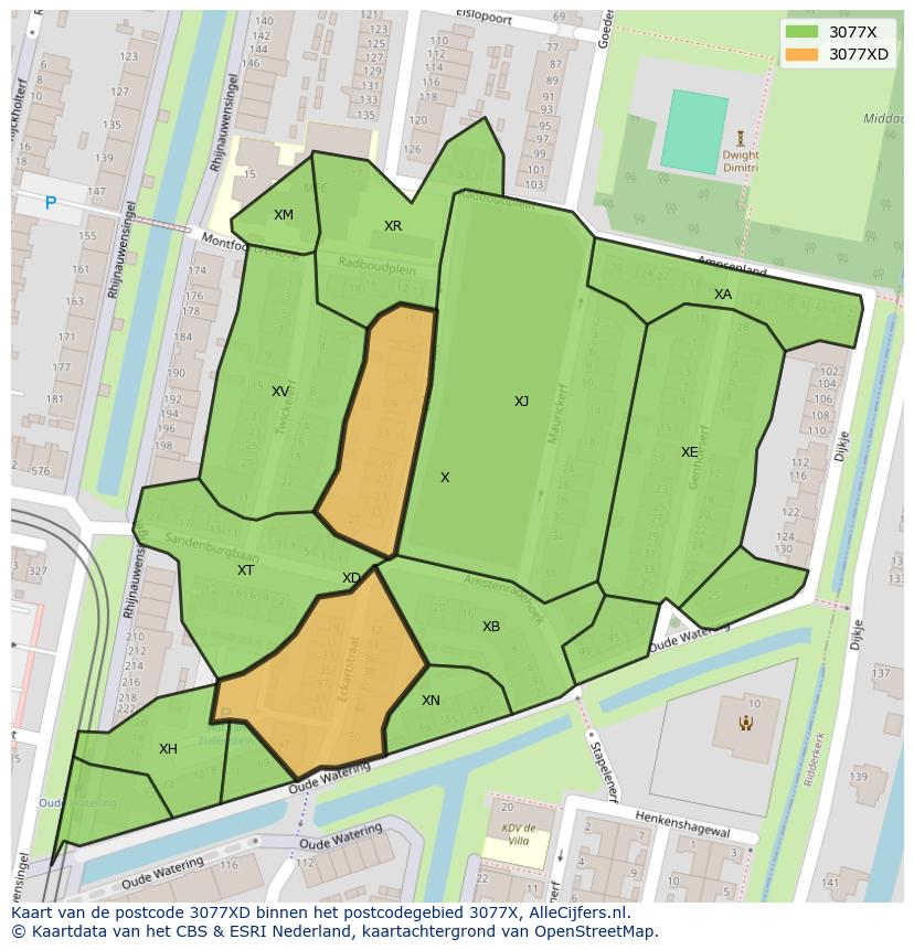 Afbeelding van het postcodegebied 3077 XD op de kaart.