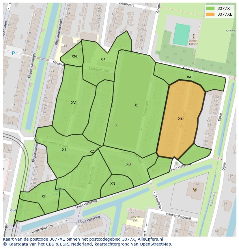 Afbeelding van het postcodegebied 3077 XE op de kaart.