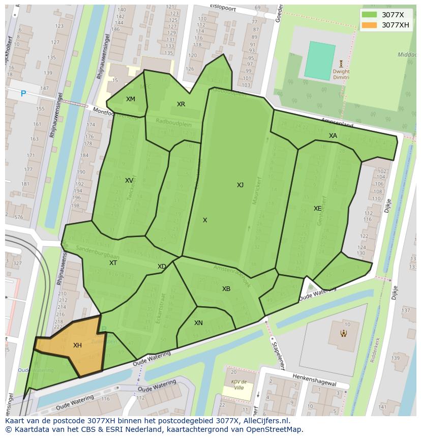 Afbeelding van het postcodegebied 3077 XH op de kaart.
