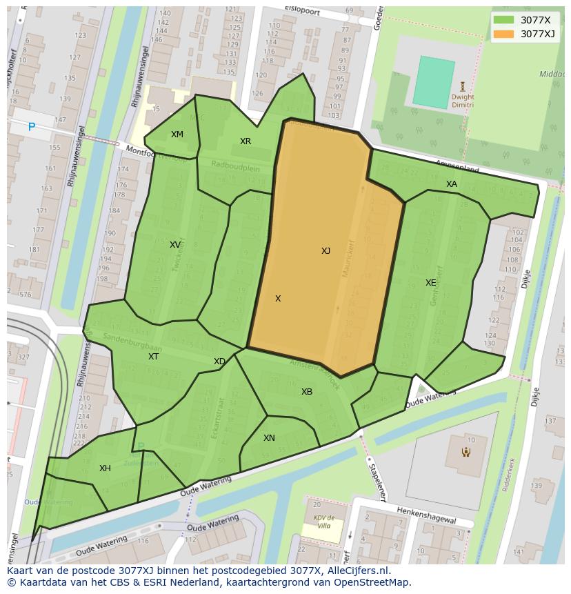 Afbeelding van het postcodegebied 3077 XJ op de kaart.