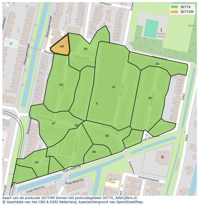 Afbeelding van het postcodegebied 3077 XM op de kaart.