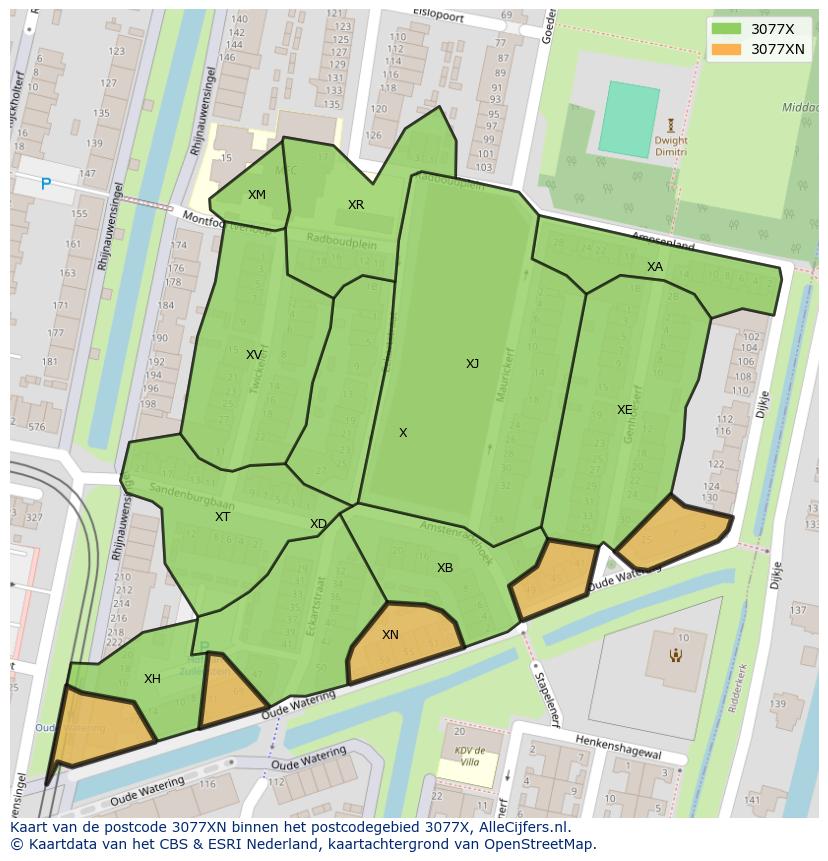 Afbeelding van het postcodegebied 3077 XN op de kaart.