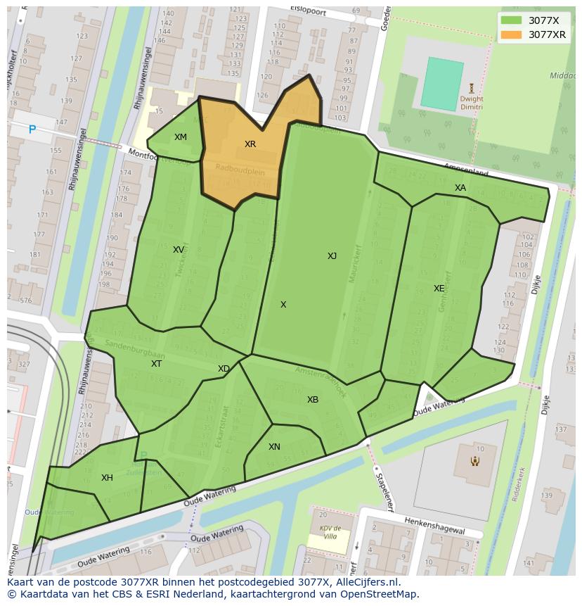 Afbeelding van het postcodegebied 3077 XR op de kaart.