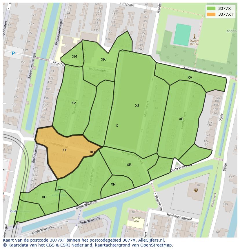 Afbeelding van het postcodegebied 3077 XT op de kaart.