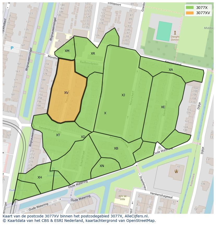 Afbeelding van het postcodegebied 3077 XV op de kaart.