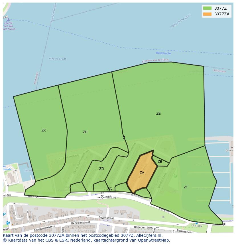 Afbeelding van het postcodegebied 3077 ZA op de kaart.